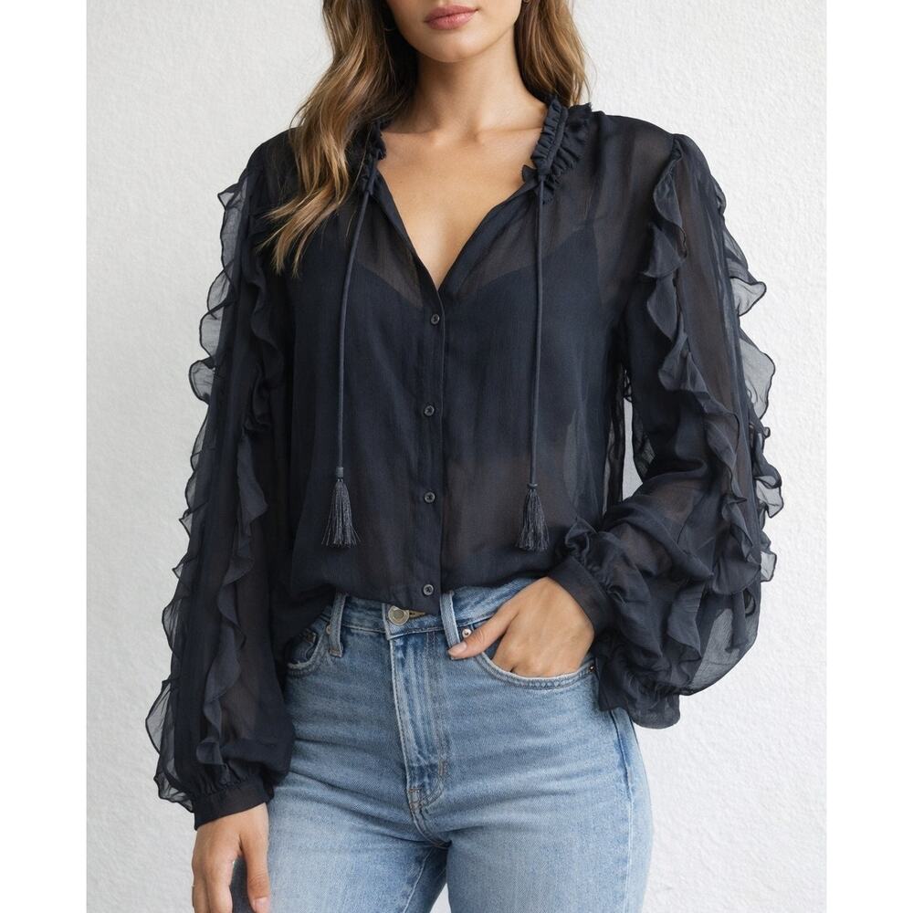 Haute Hippie Ruffled Long Sleeve Button Up Blouse Top Black Small